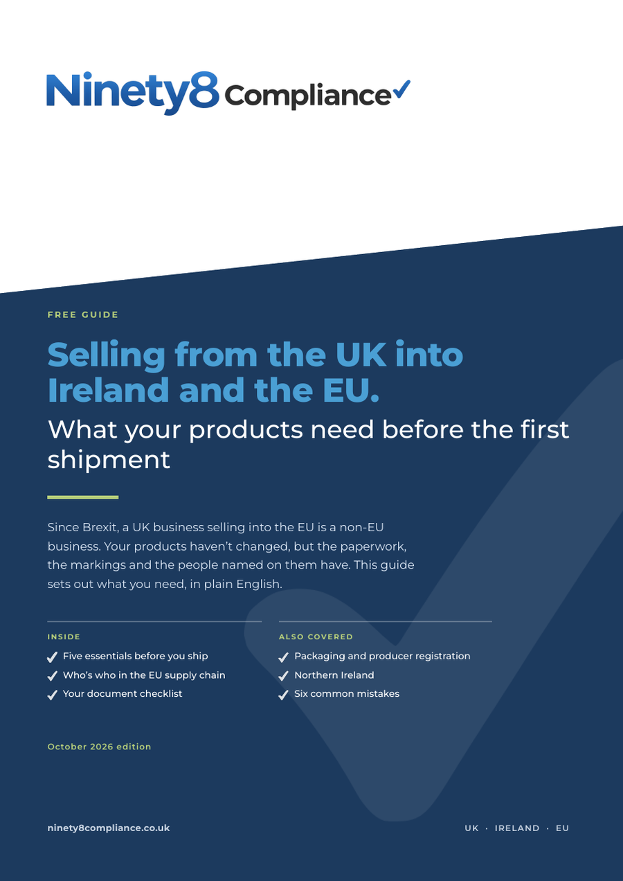 Cover of the Ninety8 Compliance guide: Selling from the UK into Ireland and the EU